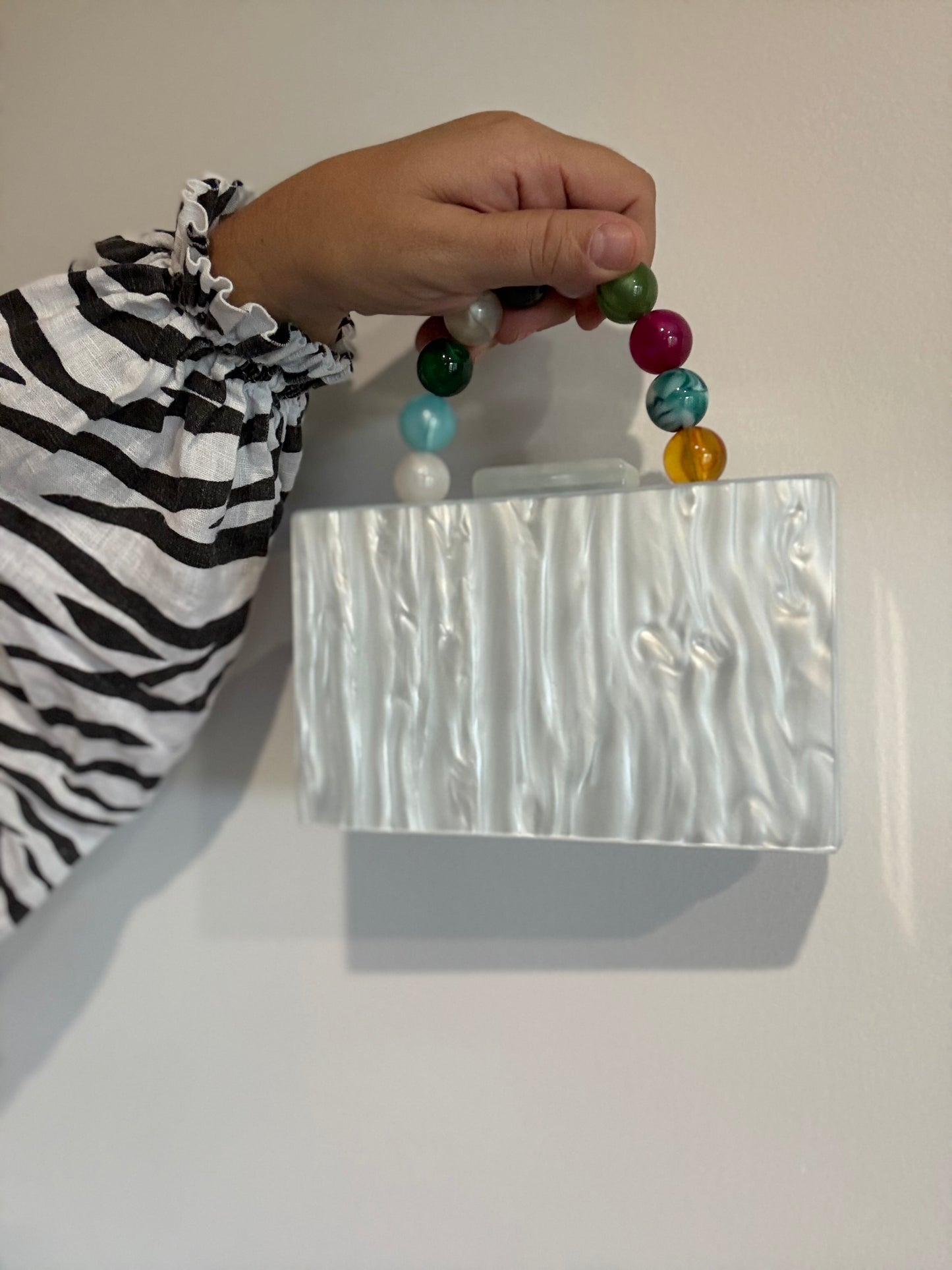 Multi Beaded Handle Acrylic Bag, Pearl White