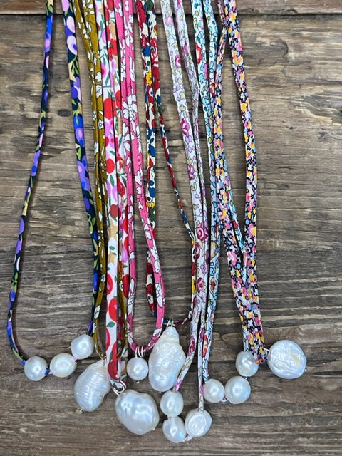 Liberty Necklace - Blue Floral Triple Pearl