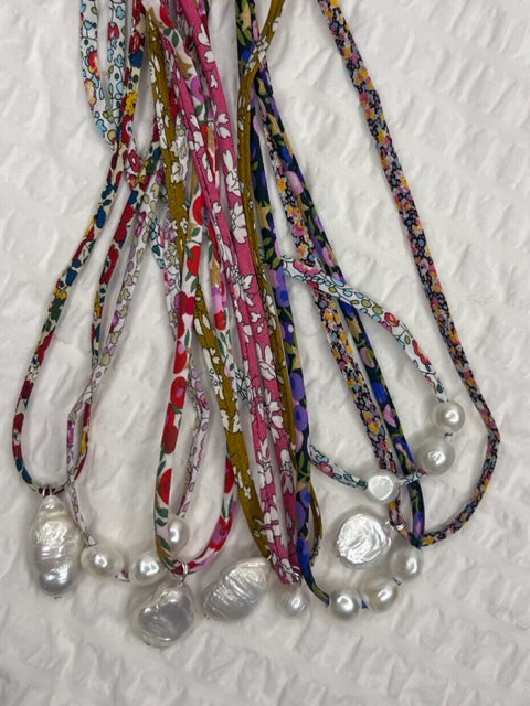 Liberty Necklace - Blue Floral Triple Pearl
