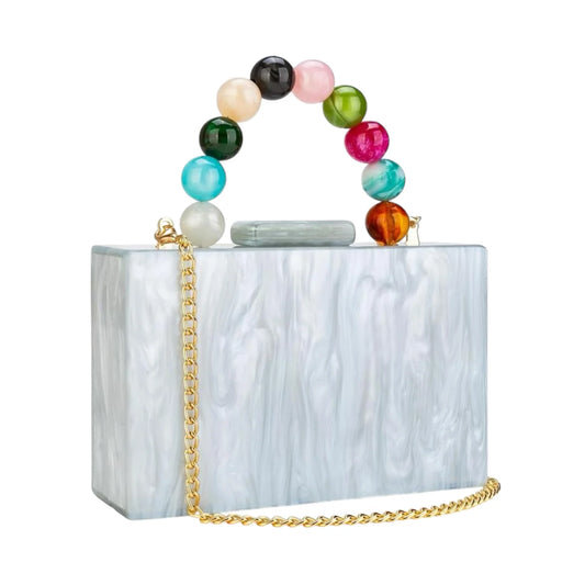 Multi Beaded Handle Acrylic Bag, Pearl White