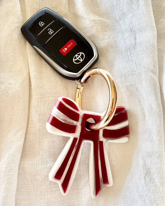 Stripey Bow Resin Keyrings: Green/White/ Silver