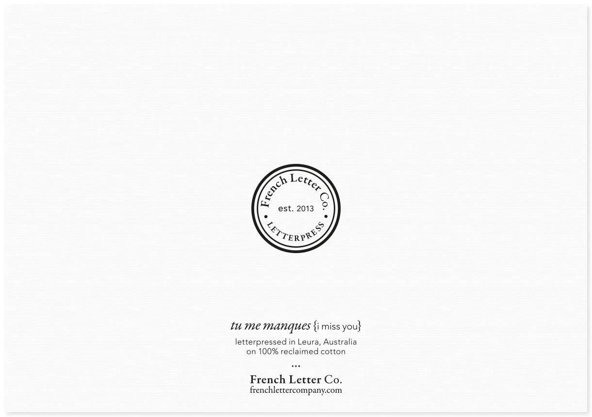 Letter Press Card -tu me manques - i miss you!