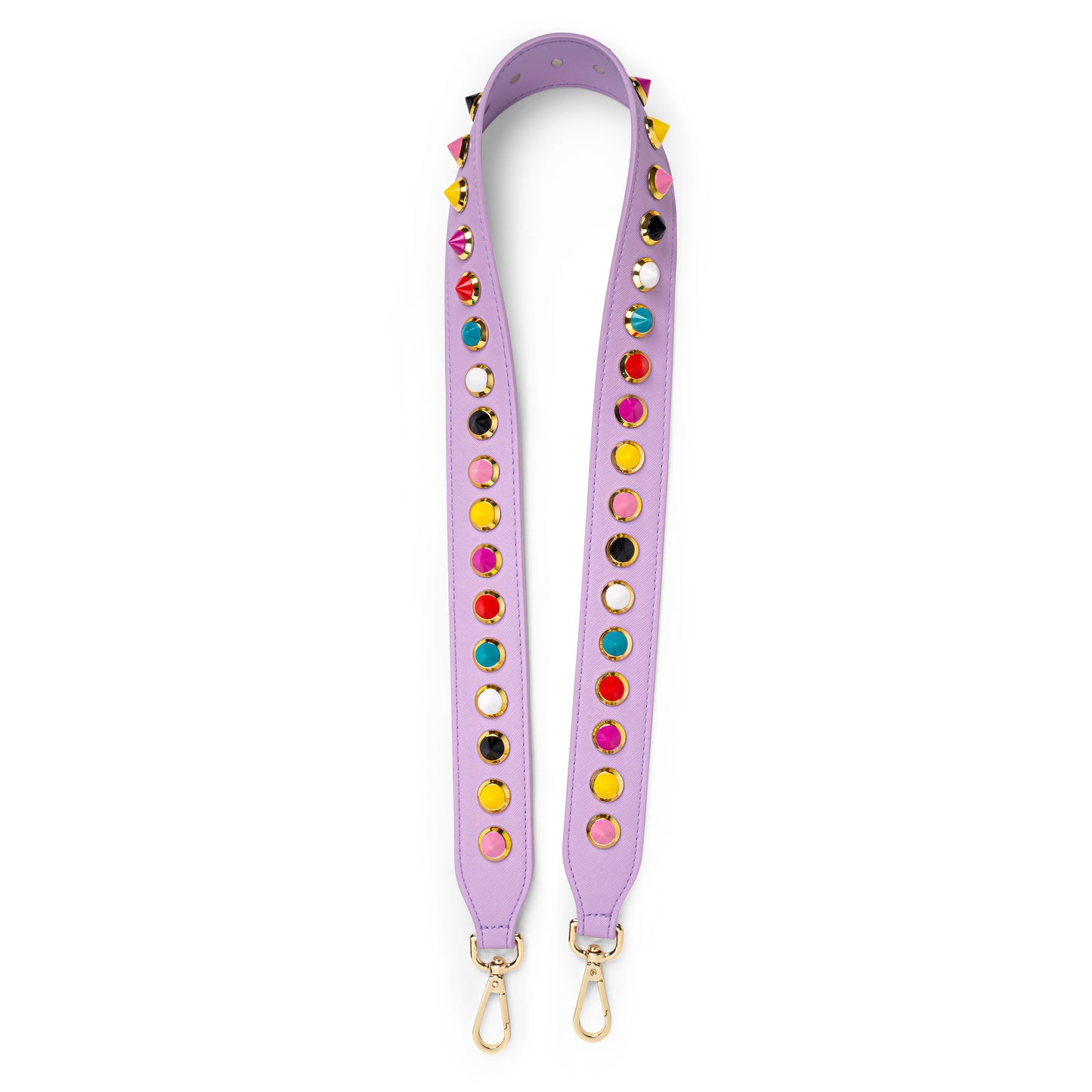 lilac bag strap with multicoloured studs and gold hardware
