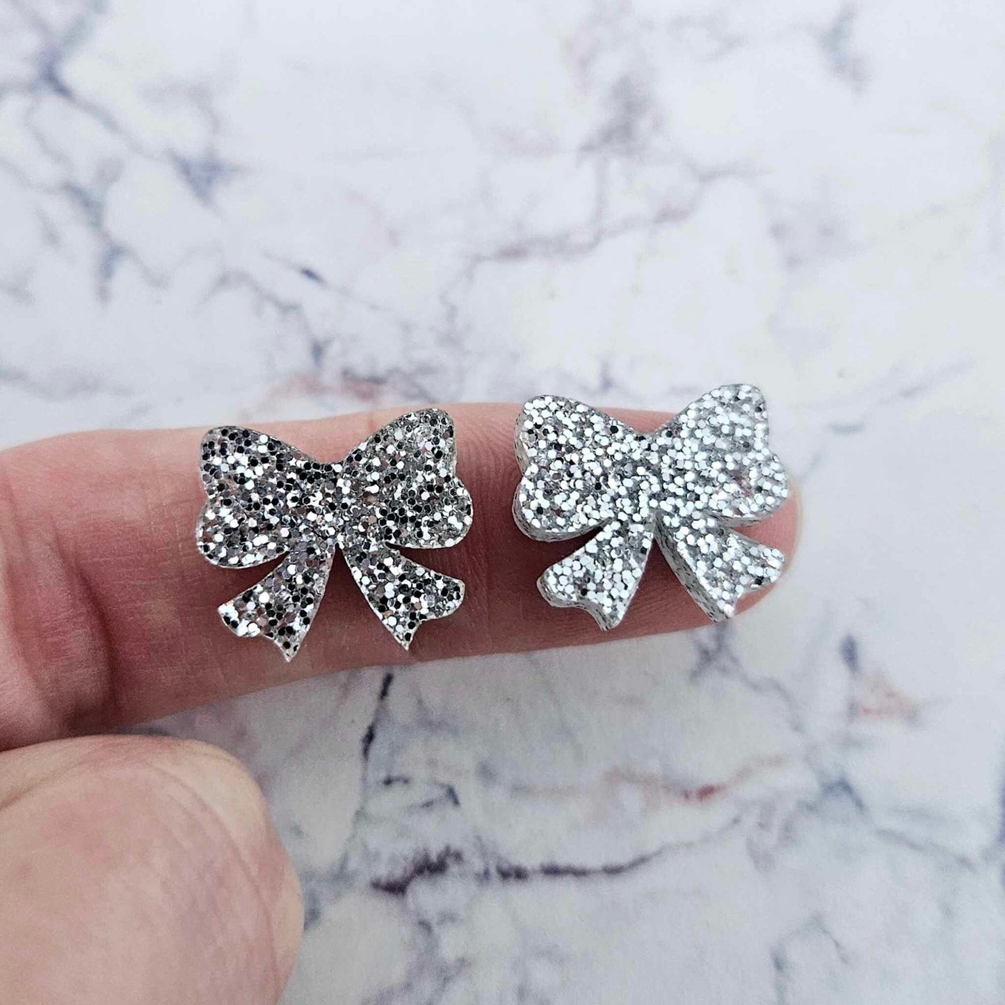 Silver Glitter Bow Stud