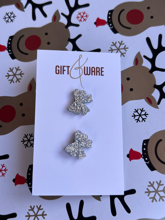 Silver Glitter Bow Stud