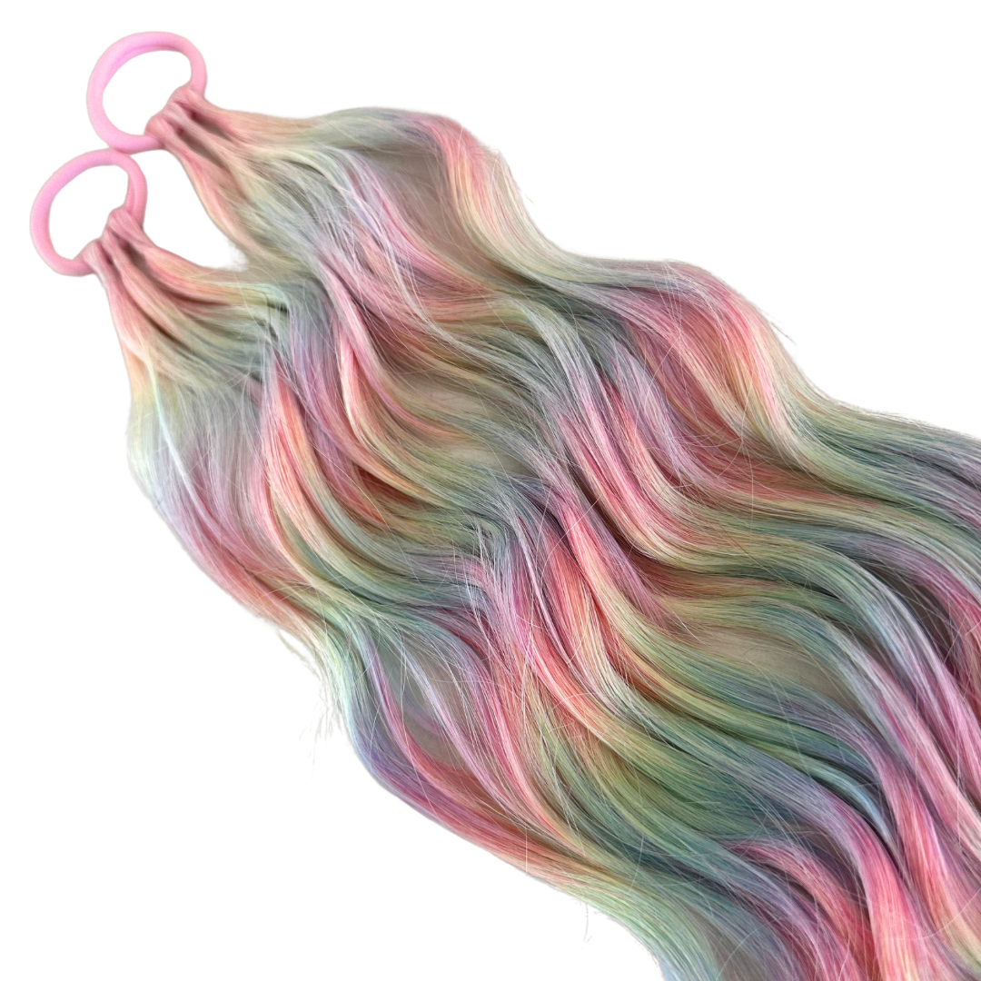 24" Long Piggy Tails -  Mermaid Waves - Rainbow Twist