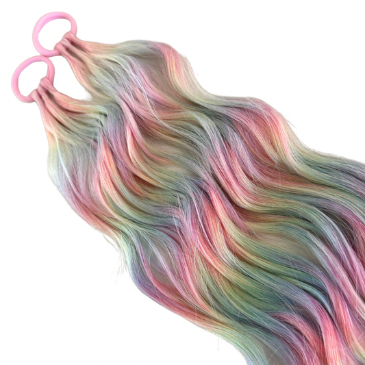 24" Long Piggy Tails -  Mermaid Waves - Rainbow Twist