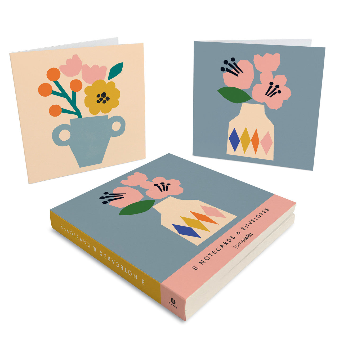 8 Note Cards and Envelopes - Pink Flowers, Blue Vases