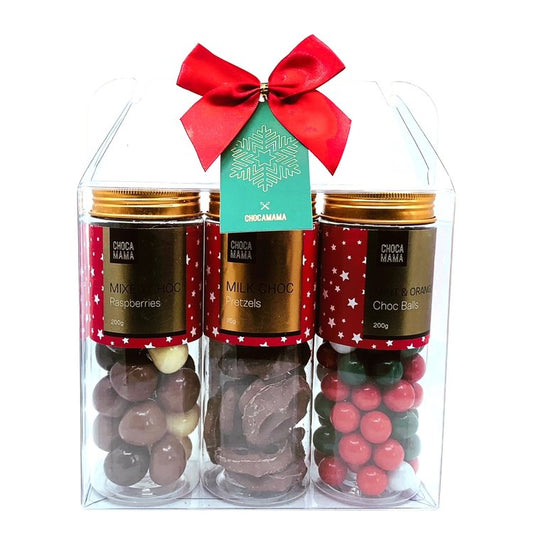 Festive 3 Pack - Choc Pretzels, Mint and Orange Choc Balls, and Choc Raspberries