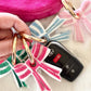 Stripey Bow Resin Keyrings: Green/White/ Silver
