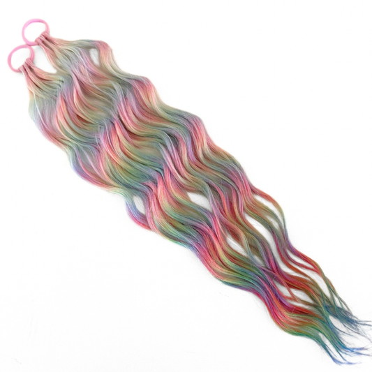 24" Long Piggy Tails -  Mermaid Waves - Rainbow Twist