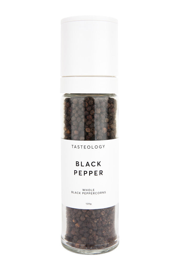 Black pepper grinder with white lid from Tasteology
