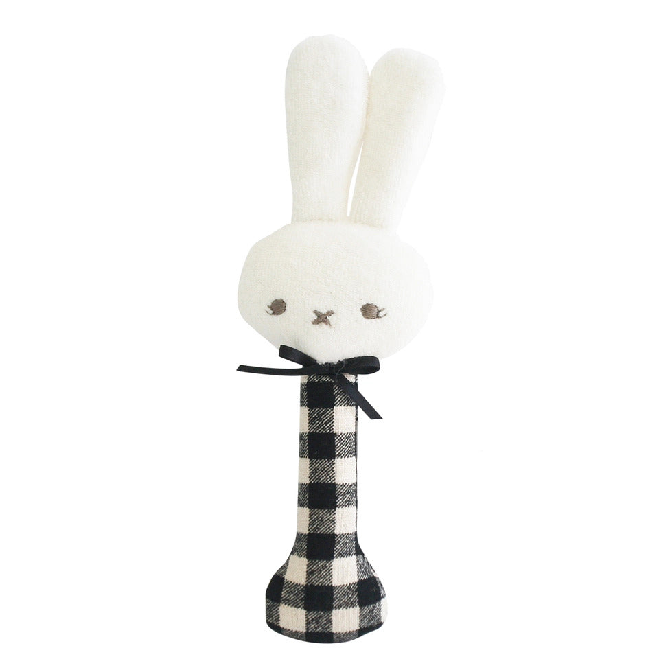 Soft material bunny rattle with gingham black and white stick handle