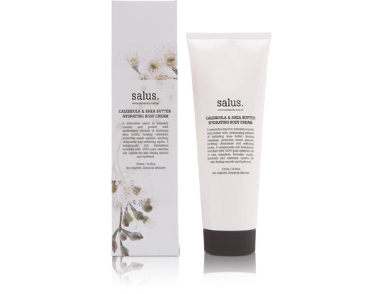 Salus body cream with calendula and shea butter bottle next to its' packaging