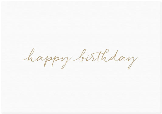 White card with cursive happy birthday written in gold ink