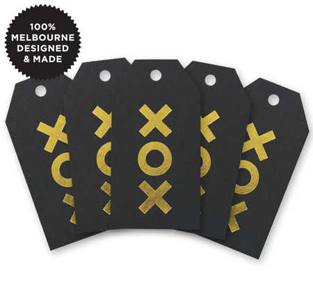 Black gift card with XOX in gold writing