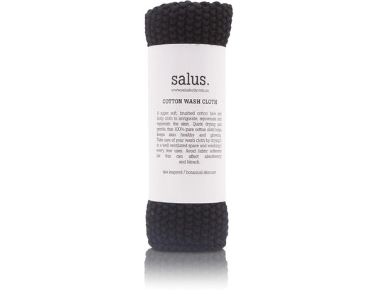 Packaged black cotton wash cloth from Salus