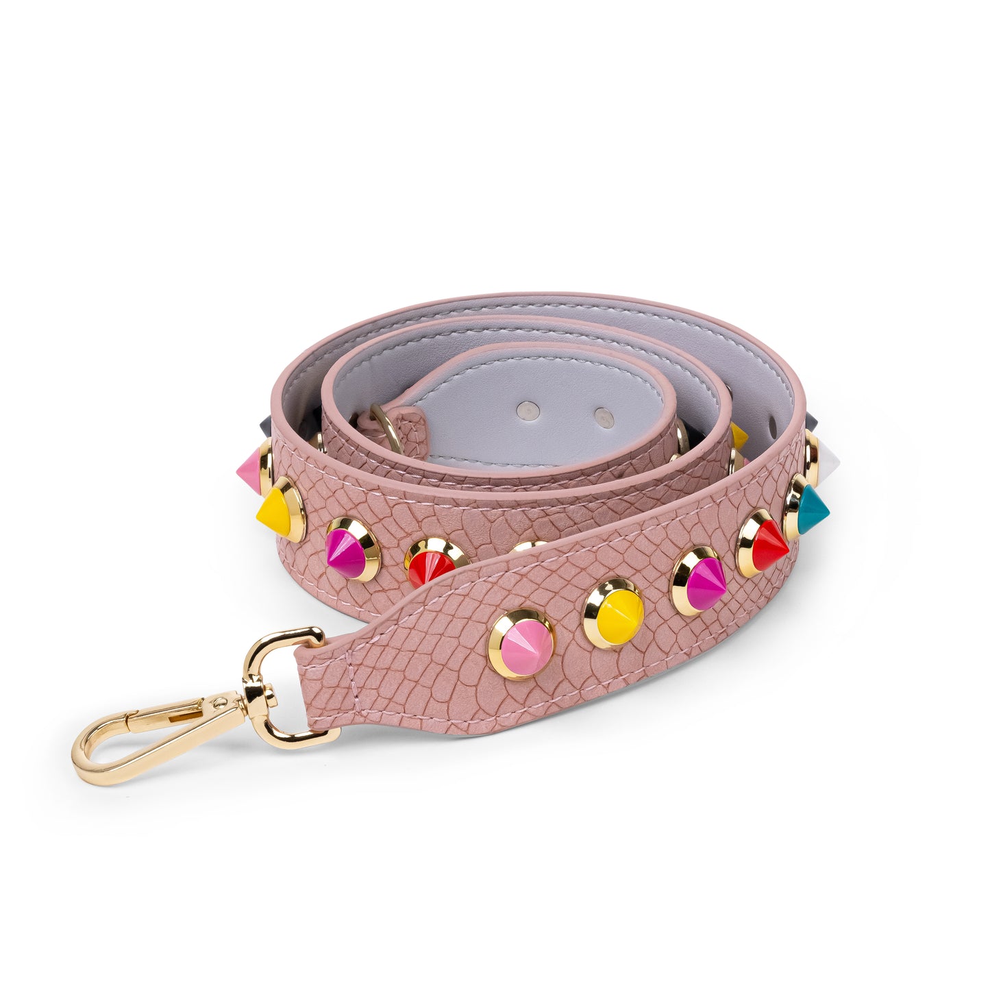 Rolled up pink bag strap with multicoloured studs