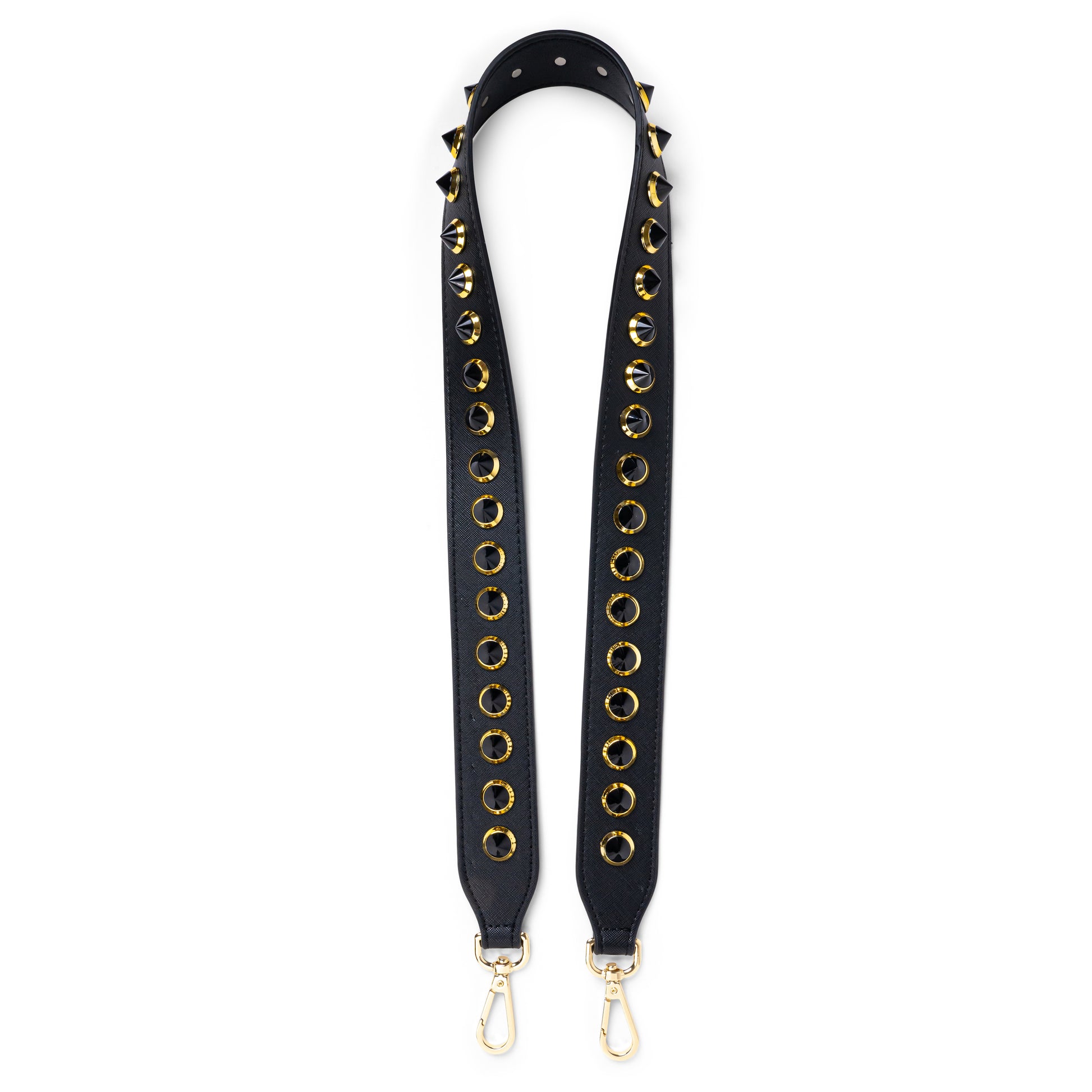 black  bag strap with black studs and gold hardware