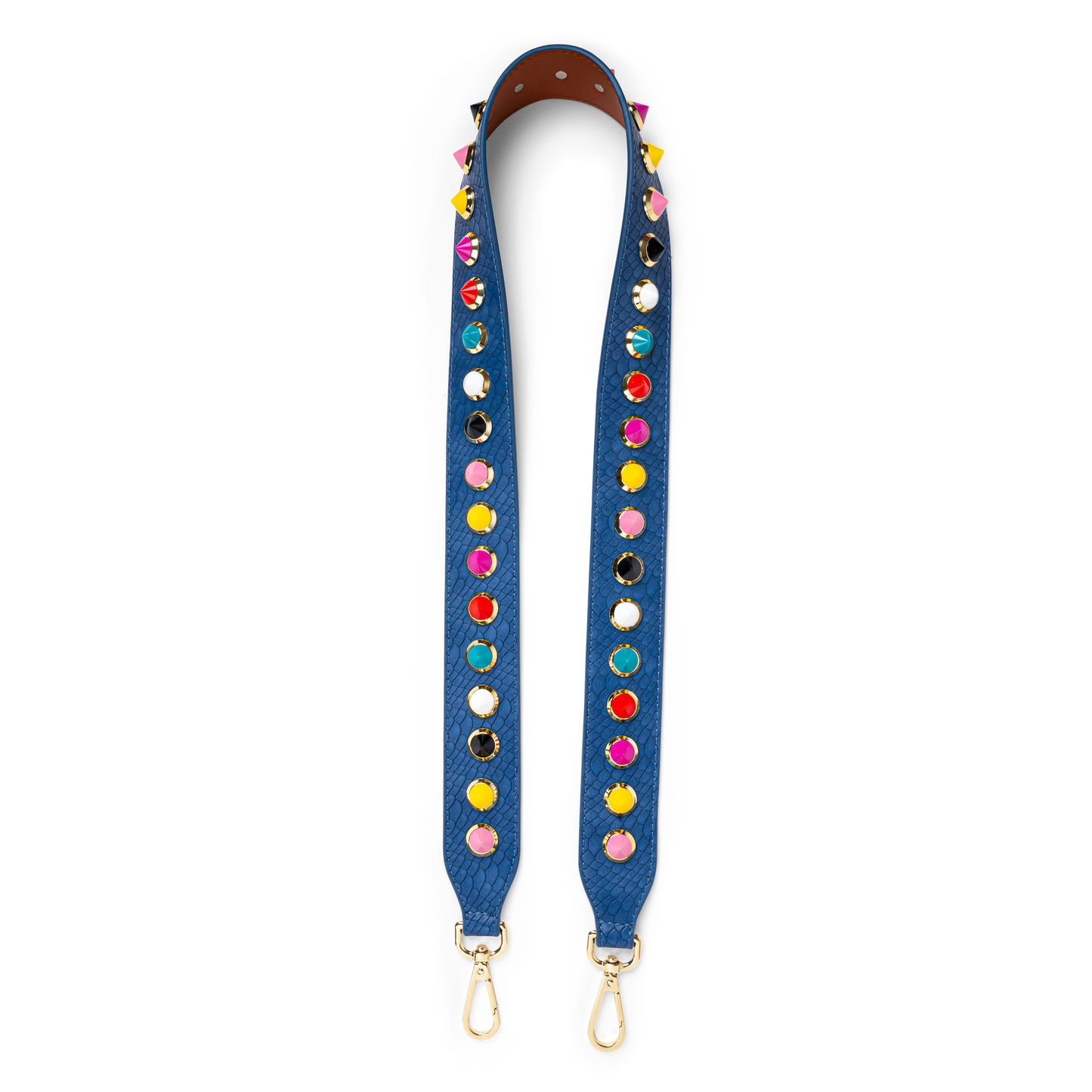Blue  bag strap with multicoloured studs and gold hardware