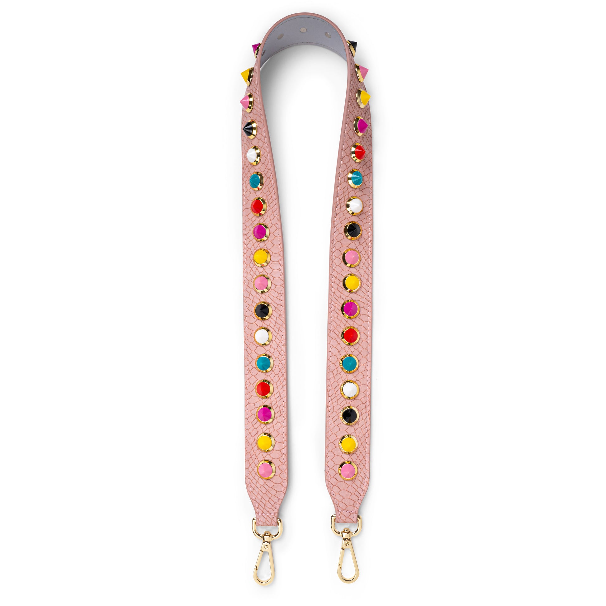 pink bag strap with multi coloured studs and gold hardware