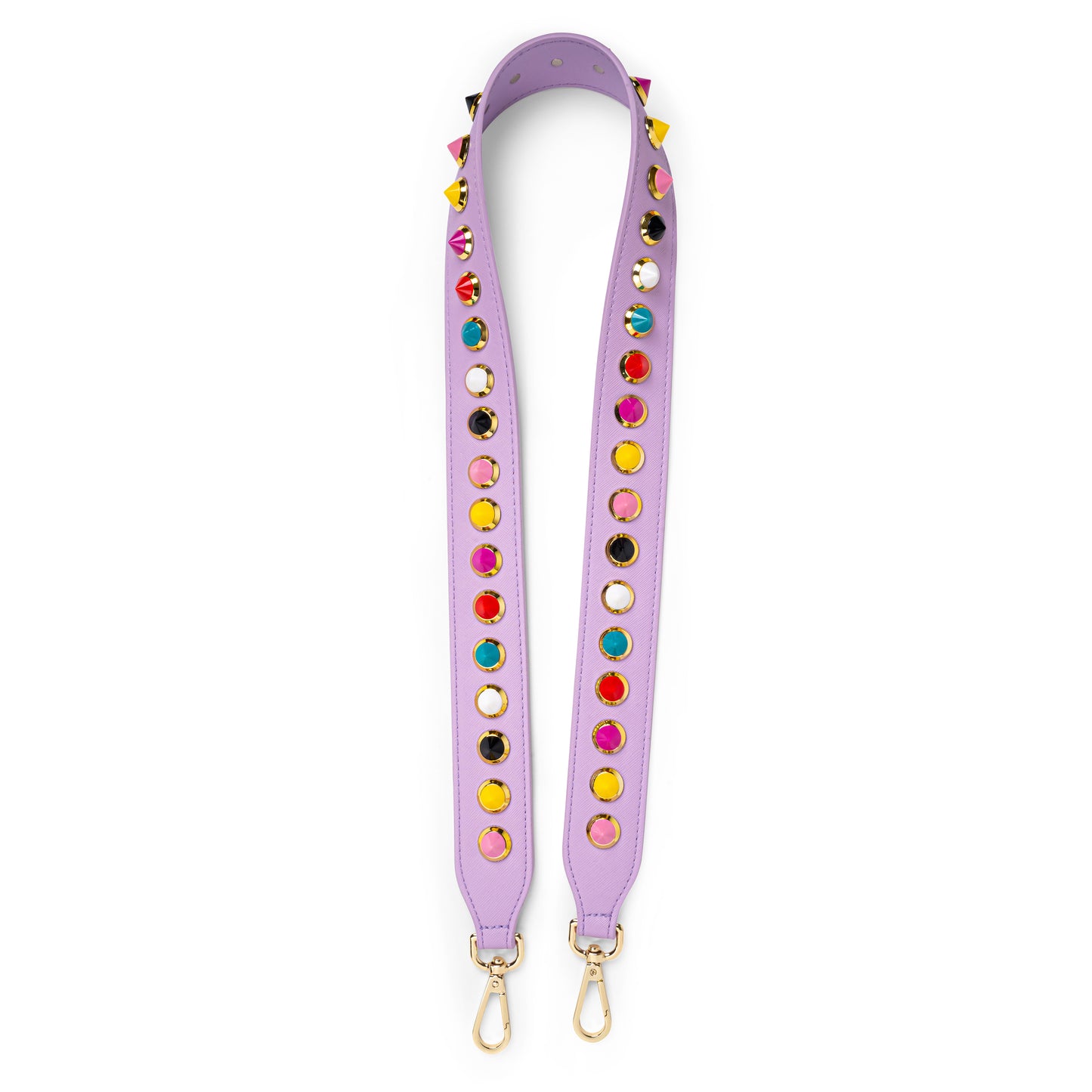 lilac  bag strap with multicoloured  studs and gold hardware