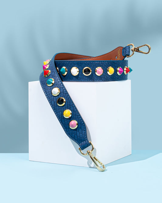 Blue bag strap with coloured studs 
